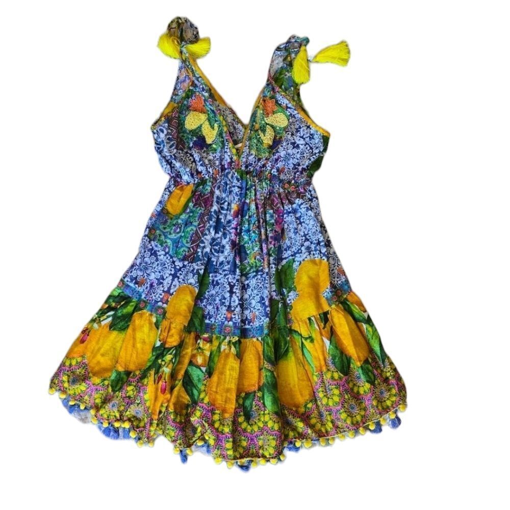 ANTICA SANTORIA Floral Yellow and Blue Sundress One Size Summer Dress